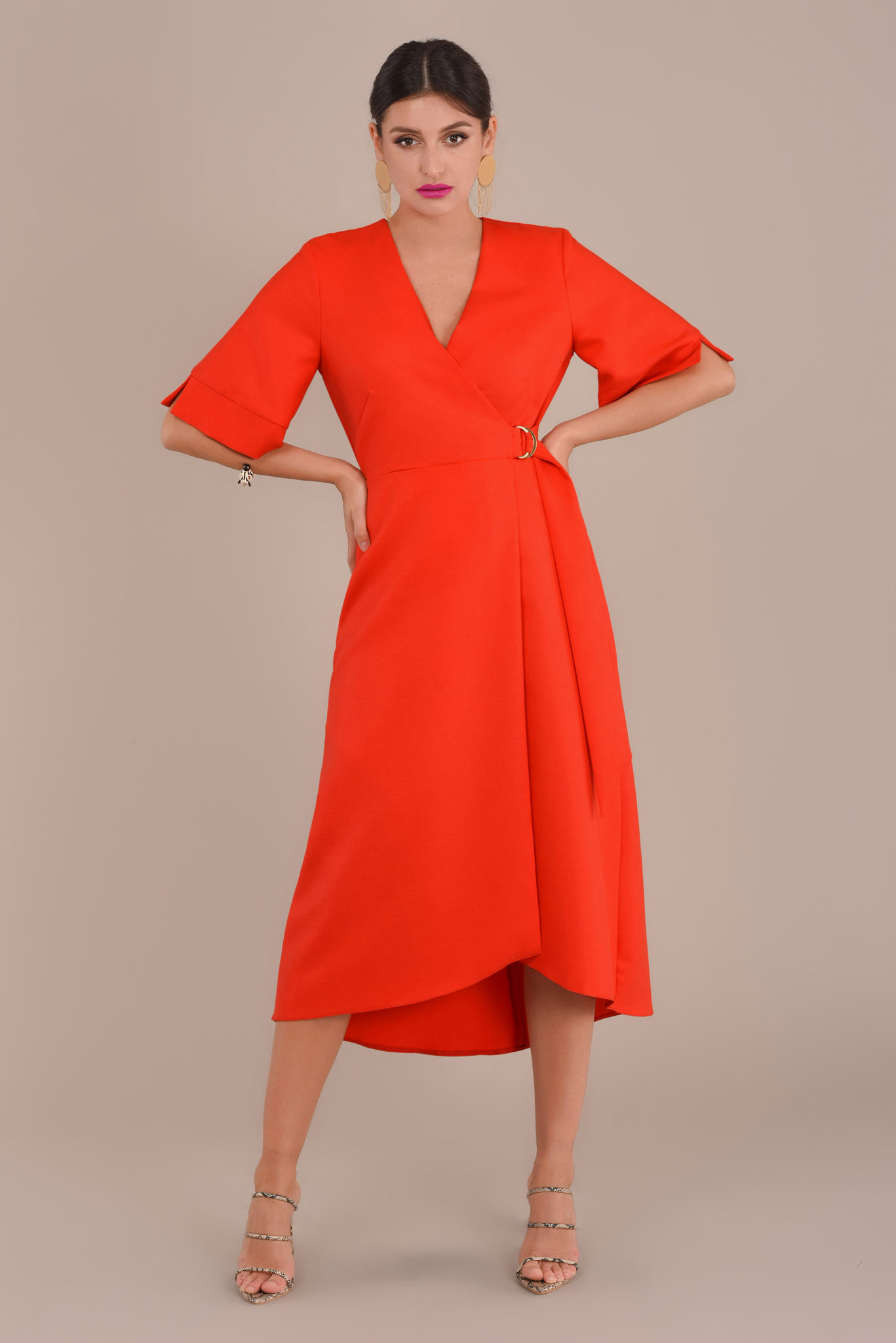 Closet orange satin pleated midi wrap dress – Stylish AP