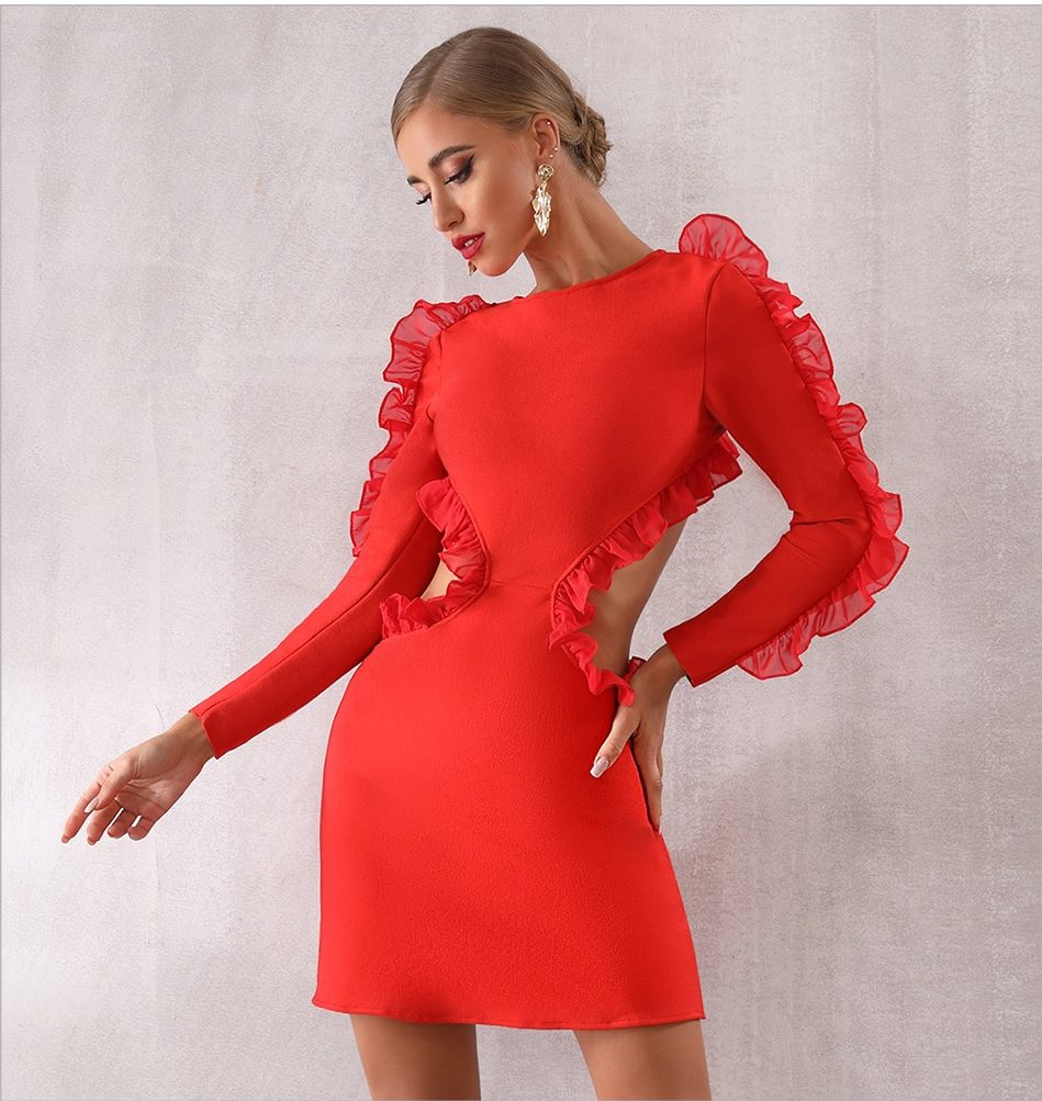 Adyce pleated frill and long sleeve ruched detailing dress in red